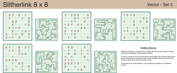 5 Slitherlink 8 x 8 Puzzles. A set of scalable puzzles for kids and adults, which are ready for web use or to be compiled into a standard or large print activity book.