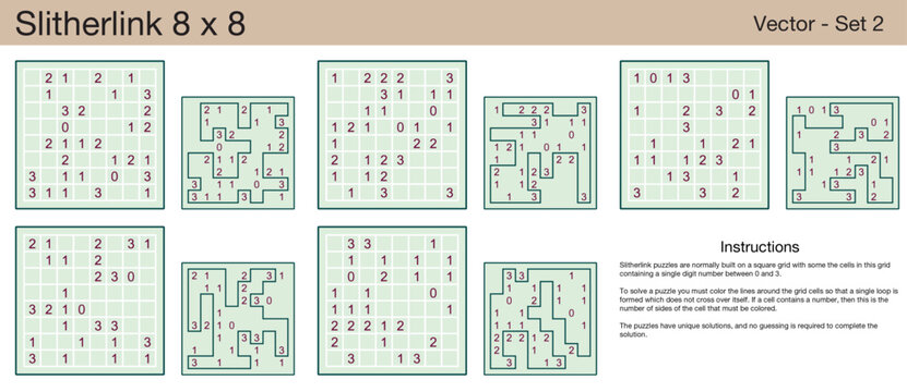 5 Slitherlink 8 x 8 Puzzles. A set of scalable puzzles for kids and adults, which are ready for web use or to be compiled into a standard or large print activity book.