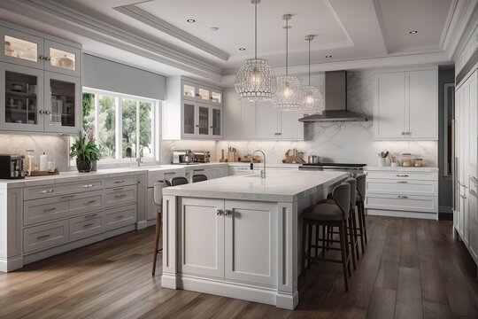 Modern kitchen interior | Modern White Luxury Kitchen in Estate Home | desk space in kitchen | Grey kitchen with bar close up | Beautiful kitchen in luxury home with waterfall island, Generative AI
