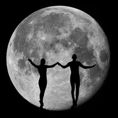 man and a woman against the backdrop of the full moon.