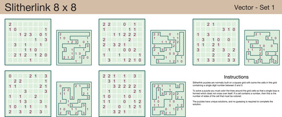 5 Slitherlink 8 x 8 Puzzles. A set of scalable puzzles for kids and adults, which are ready for web use or to be compiled into a standard or large print activity book.