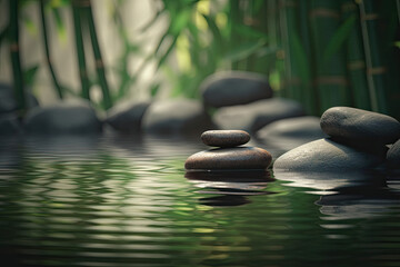 Bamboo and stones in a wellness spa. Generative AI. Zen Stones and Bamboo on the water. relax, enjoy at spa concept, generative AI