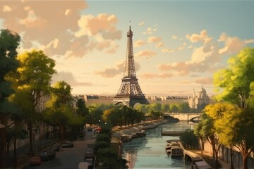 Paris cityscape with Eiffel Tower at sunset, France. Illustration style, concept art, Illustration style, Generative Ai