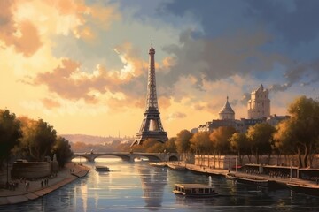Fototapeta na wymiar Paris cityscape with Eiffel Tower at sunset, France. Illustration style, concept art, Illustration style, Generative Ai