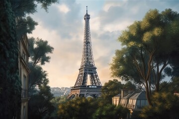 Fototapeta premium The Eiffel Tower in Paris, France. Digital painting. illustration style, Generative Ai