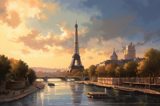 Paris cityscape with Eiffel Tower at sunset, France. Illustration style, concept art, Illustration style, Generative Ai