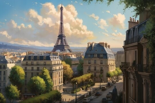 Eiffel tower in Paris, France. Digital painting effect, Generative Ai