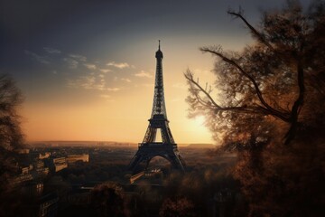 Eiffel Tower at sunset in Paris, France. Sunset, Generative Ai