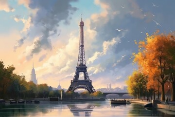Fototapeta premium Paris, France. Eiffel Tower and Seine River in the morning, style of digital fantasy landscapes, concept art, Illustration style, Generative Ai