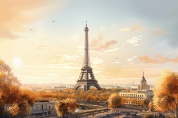 Fototapeta na wymiar Paris cityscape with Eiffel Tower at sunset, France. Illustration style, Generative Ai