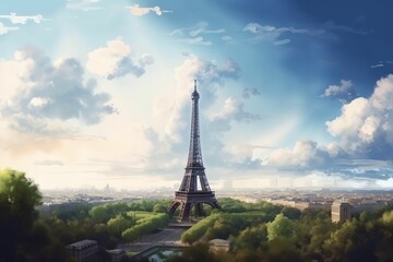 Fototapeta premium Paris, France. Eiffel Tower and Seine River in the morning, style of digital fantasy landscapes, concept art, Generative Ai