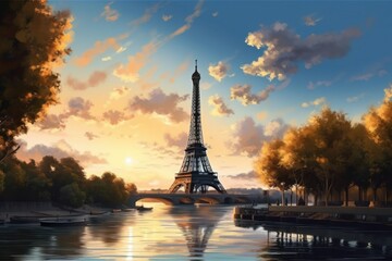 Fototapeta na wymiar Paris cityscape with Eiffel Tower at sunset, France. Illustration style, Generative Ai