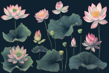 Ethereal Beauty: An Illustration Set of Lotus Flowers, generative AI