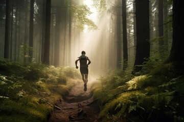 Obraz premium Runner athlete running at forest trail. Fitness and healthy lifestyle concept. Silhouette, Generative Ai