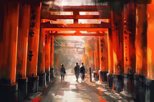Fushimi Inari Taisha Shrine in Kyoto, Japan. in the style of digital painting, concept art, Generative Ai