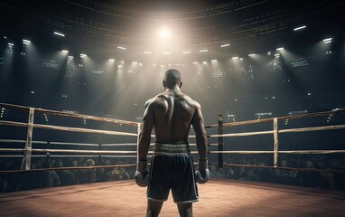 Boxing champion standing on arena. Rear view of shirtless man in boxing gloves. Muscular build concept. Generative Ai.