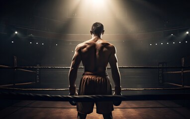 Fototapeta na wymiar Boxing champion standing on arena. Rear view of shirtless man in boxing gloves. Muscular build concept. Generative Ai.