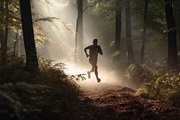 , Generative AiaRunner athlete running in misty forest. Fitness and healthy lifestyle concept, Silhouette, Generative Ai