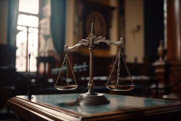 Scales of justice on a table in a courtroom or enforcement office, Generative Ai