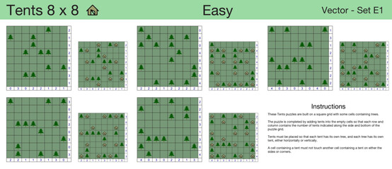 5 Easy Tents 8 x 8 Puzzles. A set of scalable tents puzzles suitable for kids and adults and ready for web use, or to be compiled into a standard or large print activity book.
