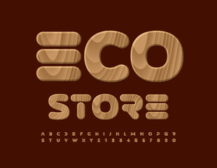 Vector creative concept Eco Store. Wooden unique Font. Natural pattern Alphabet Letters and Numbers set