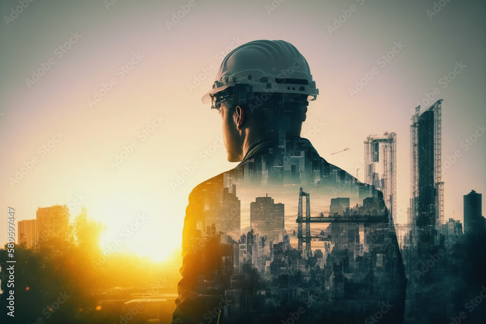 Poster civil engineer portrait as concept for building construct by professional with hardhat helmet engine