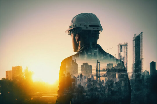 Civil engineer portrait as concept for building construct by professional with hardhat helmet engineer with double exposure of cityscape, urban with background of skyscraper. Flawless generative AI