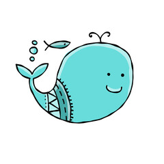 Funny wild whale character. Childish style icon, turquoise colors. Isolated on white for your design