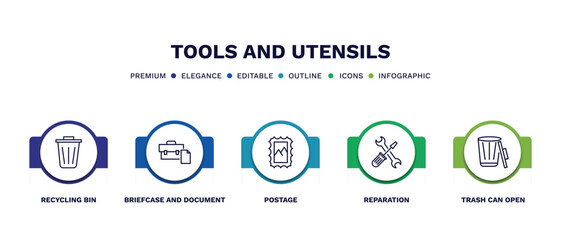 set of tools and utensils thin line icons. tools and utensils outline icons with infographic template. linear icons such as recycling bin, briefcase and document, postage, reparation, trash can open