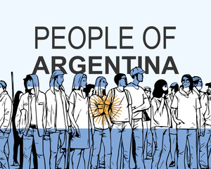 People of Argentina with flag, silhouette of many people, gathering idea