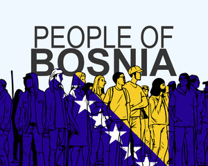 People of Bosnia and Herzegovina with flag, silhouette of many people, gathering idea