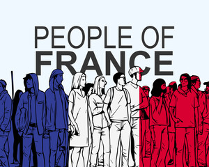 People of France with flag, silhouette of many people, gathering idea
