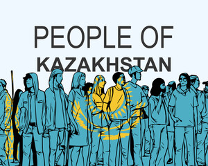 People of Kazakhstan with flag, silhouette of many people, gathering idea