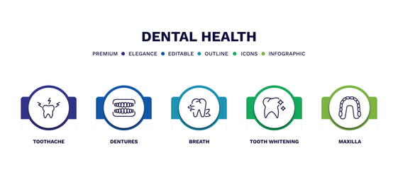 set of dental health thin line icons. dental health outline icons with infographic template. linear icons such as toothache, dentures, breath, tooth whitening, maxilla vector. © Abstract