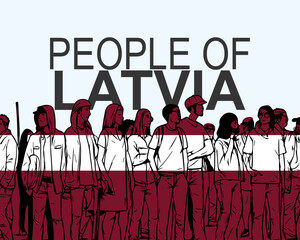 People of Latvia with flag, silhouette of many people, gathering idea
