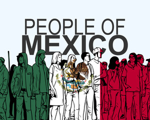 People of Mexico with flag, silhouette of many people, gathering idea