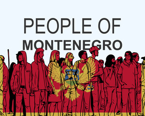 People of Montenegro with flag, silhouette of many people, gathering idea