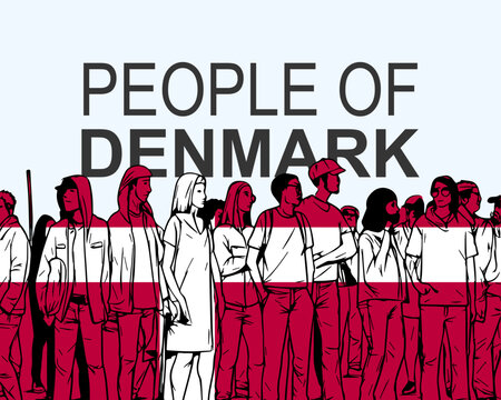 People of Denmark with flag, silhouette of many people, gathering idea