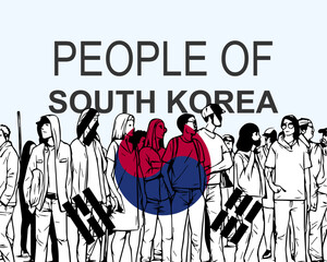 People of South Korea with flag, silhouette of many people, gathering idea