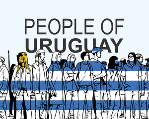 People of Uruguay with flag, silhouette of many people, gathering idea