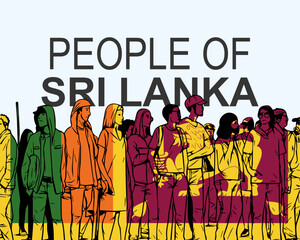 People of Sri Lanka with flag, silhouette of many people, gathering idea
