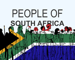 People of South Africa with flag, silhouette of many people, gathering idea