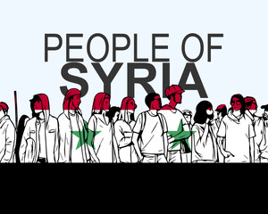 People of Syria with flag, silhouette of many people, gathering idea