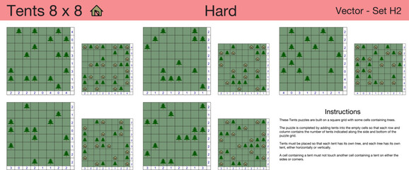 5 Hard Tents 8 x 8 Puzzles. A set of scalable tents puzzles suitable for kids and adults and ready for web use, or to be compiled into a standard or large print activity book.