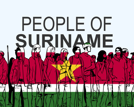 People of Suriname with flag, silhouette of many people, gathering idea