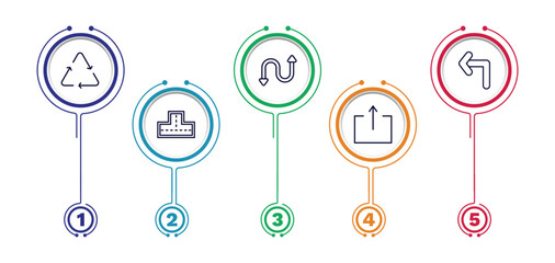 set of user interface thin line icons. user interface outline icons with infographic template. linear icons such as recycle, bending, left turn, crossroad, export button vector.