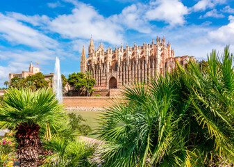 Cathedral of Santa Maria of Palma (La Seu) and palm trees, Palma de Mallorca, Spain © Mistervlad