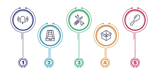 set of tools and utensils thin line icons. tools and utensils outline icons with infographic template. linear icons such as ringing, reparation, large spoon, tray for papers, open black box vector.