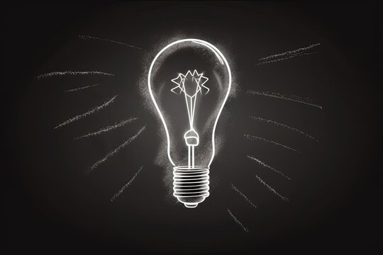 Illustration of light bulb drawn with white chalk on blackboard, concept of learning and ideas. Generative AI