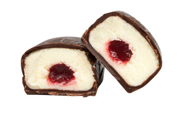 Glazed cheese in milk chocolate broken into halves on a white isolated background
